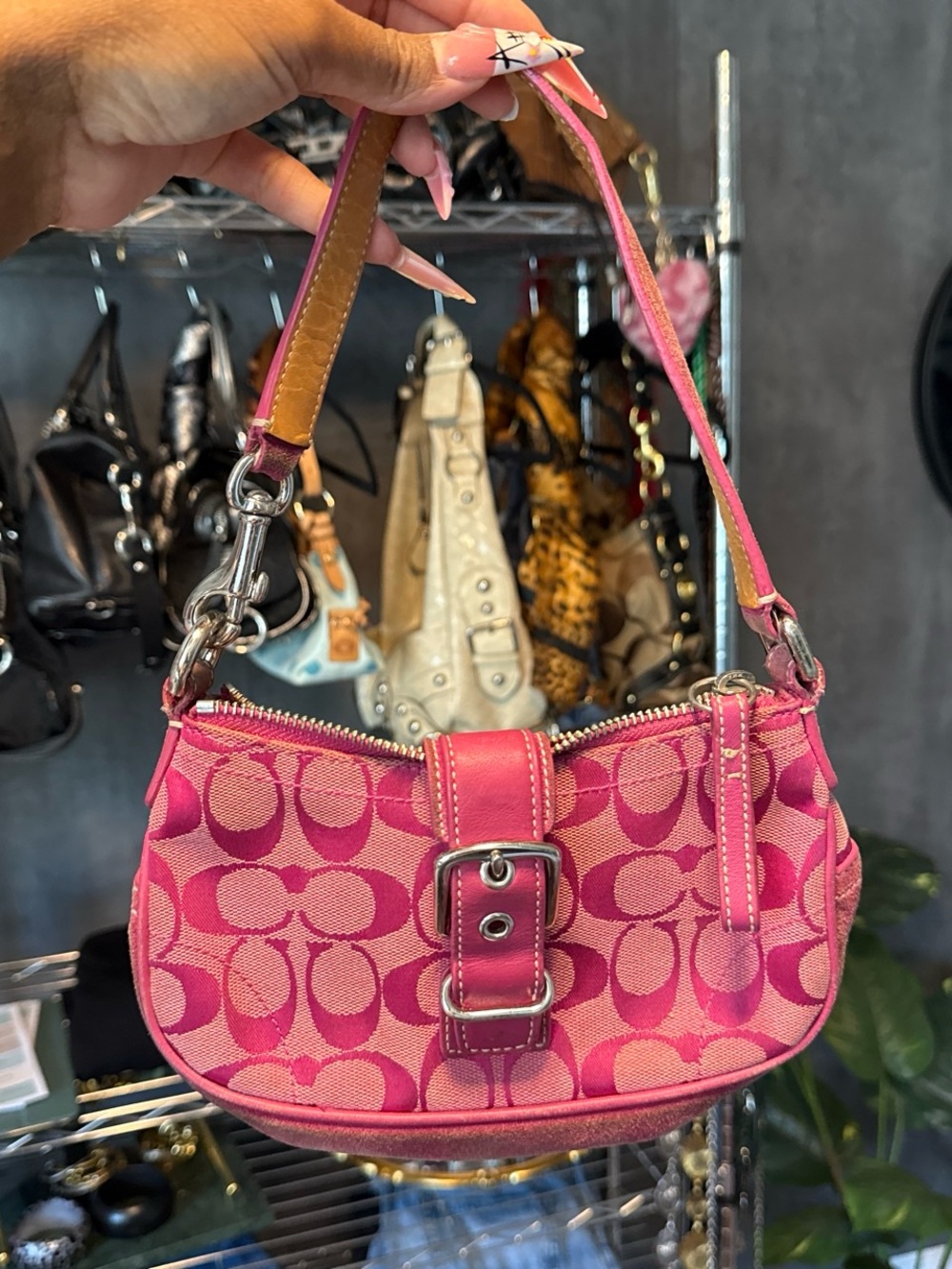 Coach Pink Signature Mini Shoulder Bag with Buckle Detail